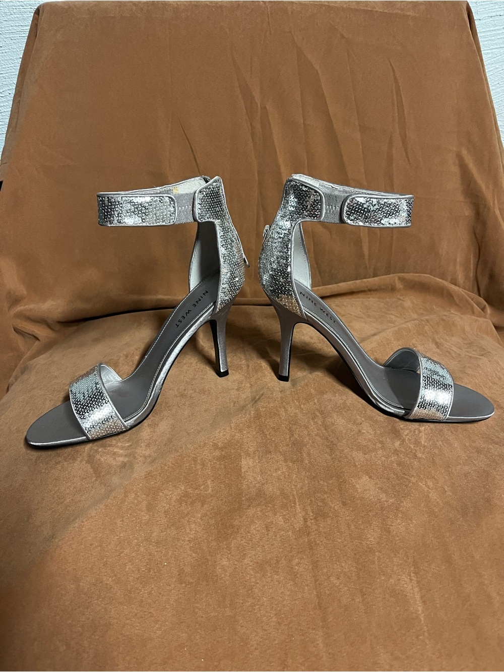 Nine West Silver Metallic Ankle-Strap Stiletto Sandals